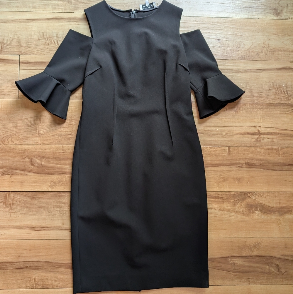 Teri Jon by Rickie Freeman Black Cold-Shoulder Bell-Sleeve Sheath Dress Size 6